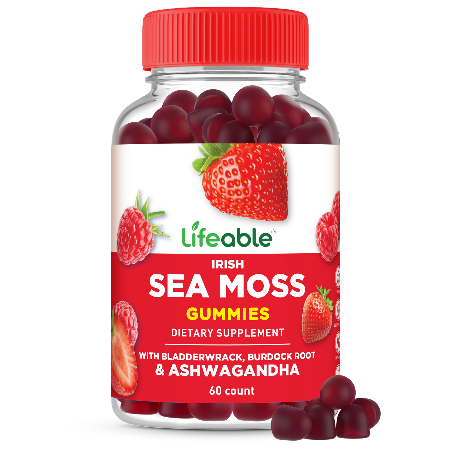 Lifeable Irish Sea Moss Gummies with Bladderwrack, Burdock Root and Ashwagandha, Thyroid Support for Men and Women, Berry Flavor, Vegan, Gluten Free, 60 Count