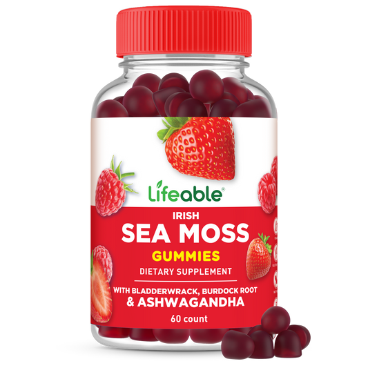 Lifeable Irish Sea Moss Gummies with Bladderwrack, Burdock Root and Ashwagandha, Thyroid Support for Men and Women, Berry Flavor, Vegan, Gluten Free, 60 Count