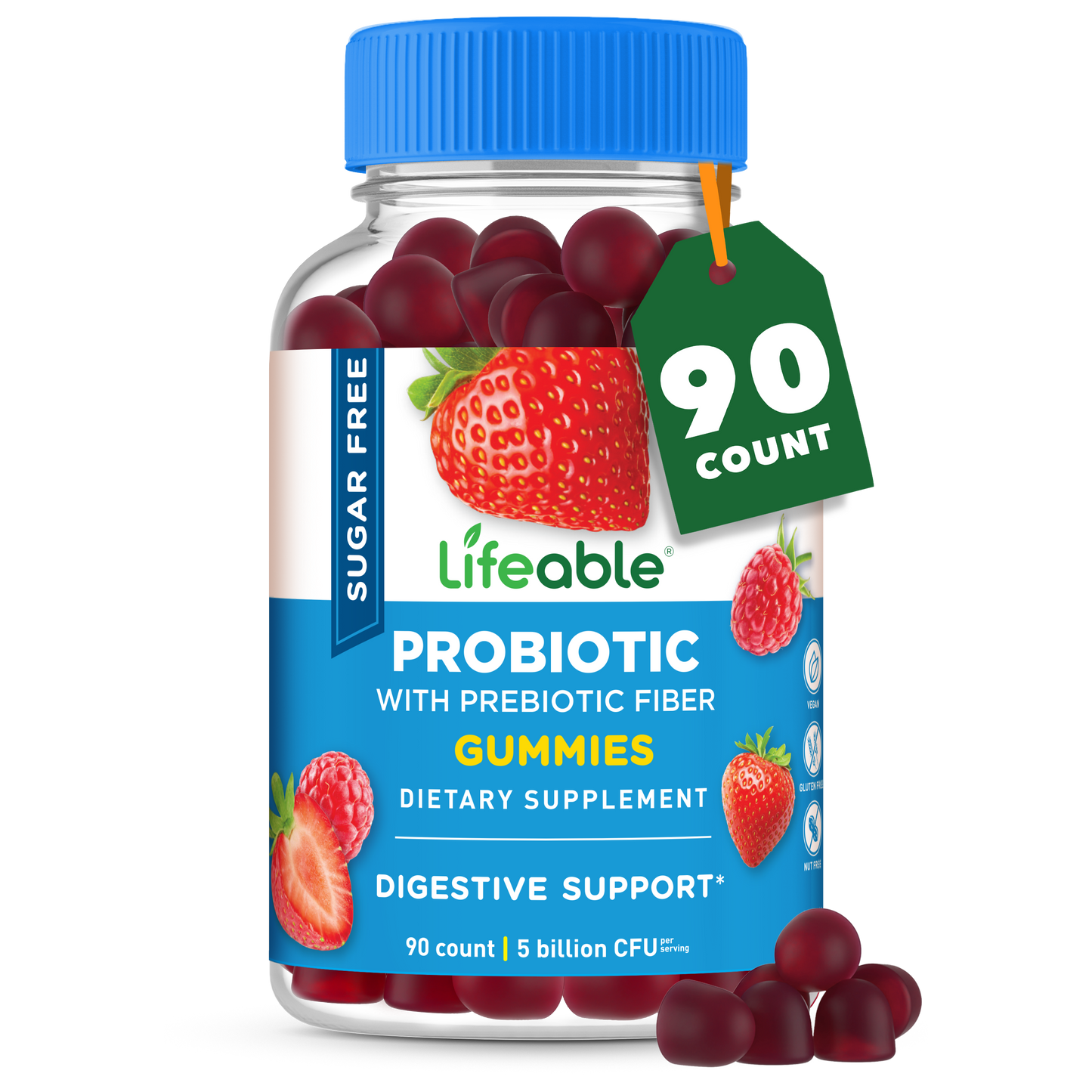 Lifeable Sugar Free Probiotics with Prebiotics Fiber Gummies for Adults, Man, Women – 90 Gummies