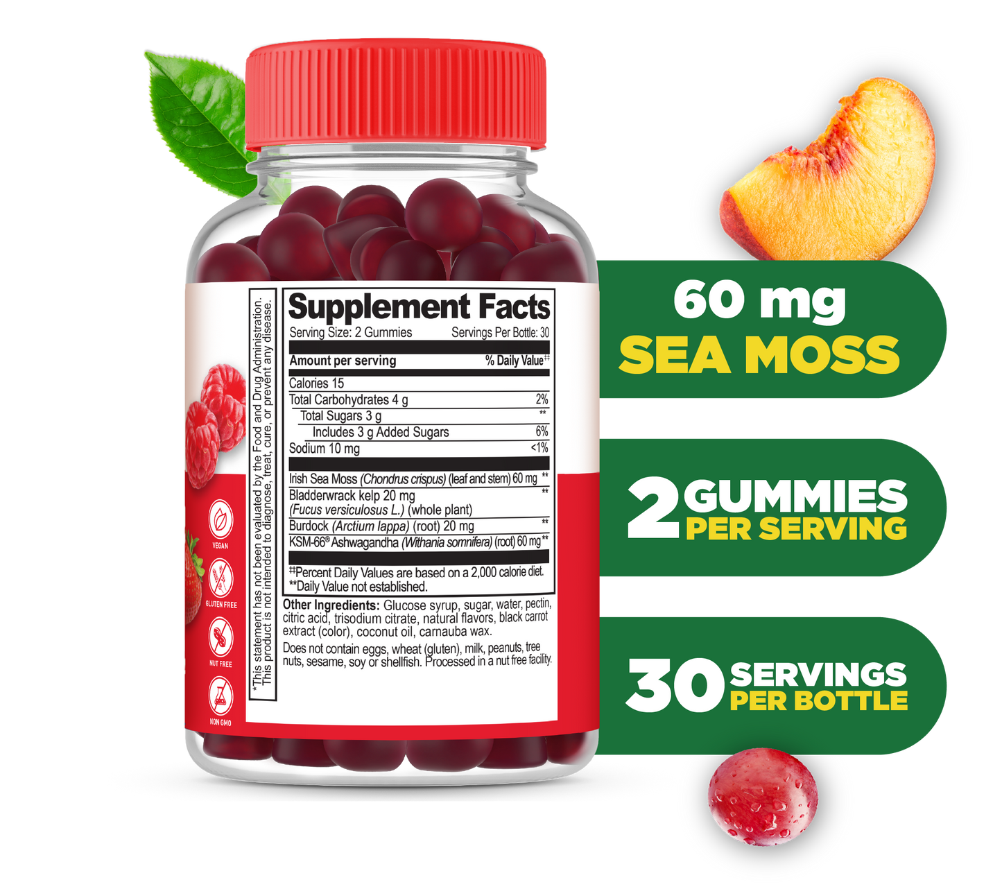 Lifeable Irish Sea Moss Gummies with Bladderwrack, Burdock Root and Ashwagandha, Thyroid Support for Men and Women, Berry Flavor, Vegan, Gluten Free, 60 Count