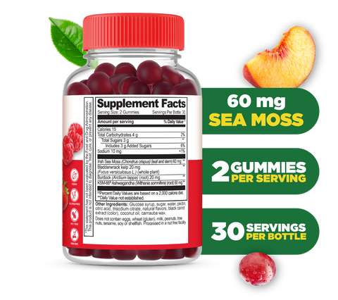 Lifeable Irish Sea Moss Gummies with Bladderwrack, Burdock Root and Ashwagandha, Thyroid Support for Men and Women, Berry Flavor, Vegan, Gluten Free, 60 Count