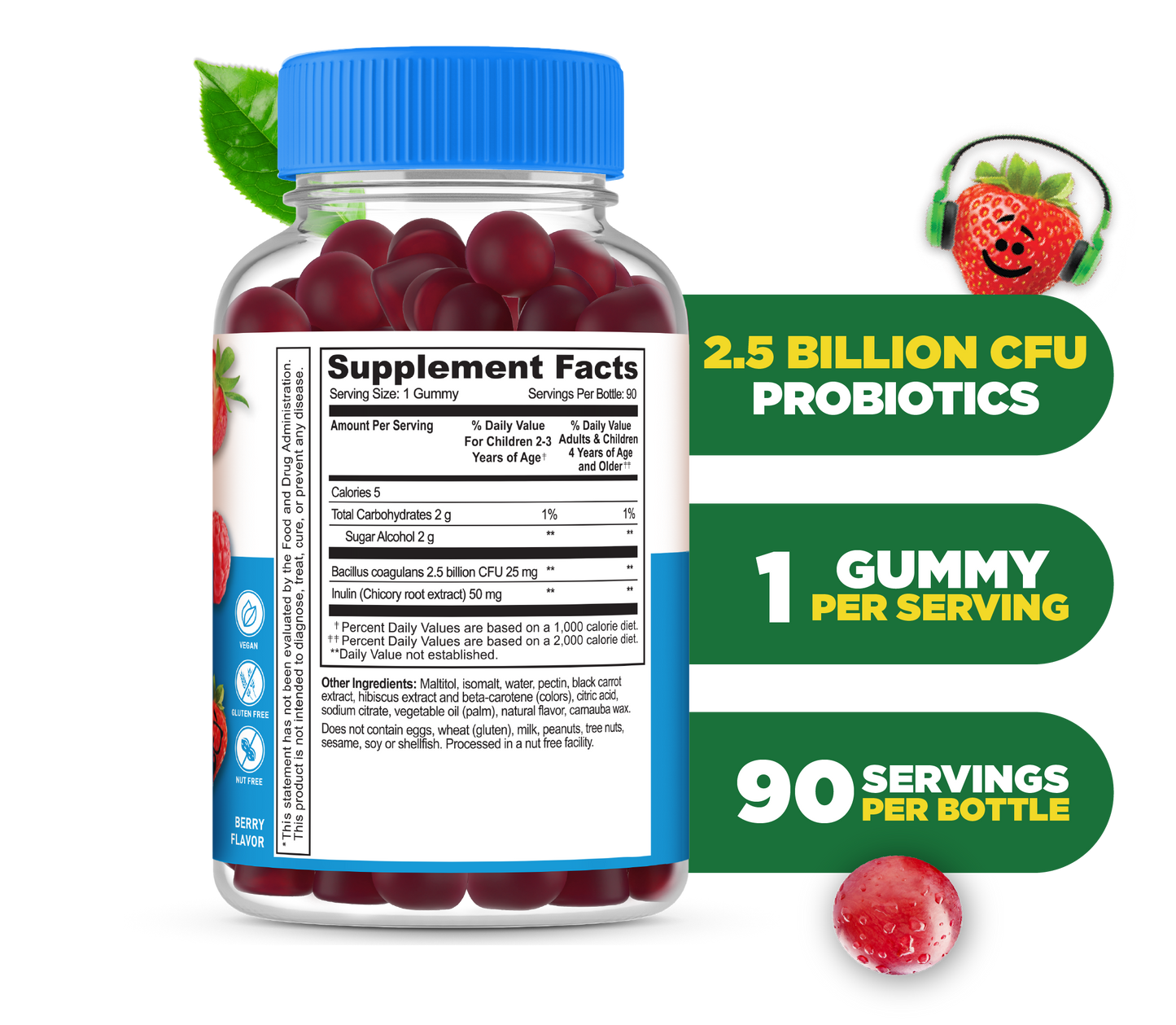 Lifeable Sugar Free Probiotics with Prebiotics Fiber for Kids 90 Gummies