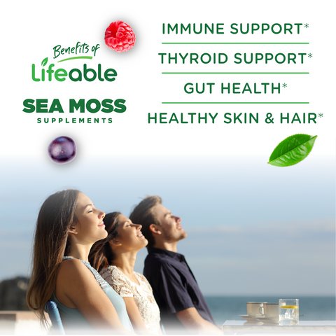 Lifeable Irish Sea Moss Gummies with Bladderwrack, Burdock Root and Ashwagandha, Thyroid Support for Men and Women, Berry Flavor, Vegan, Gluten Free, 60 Count