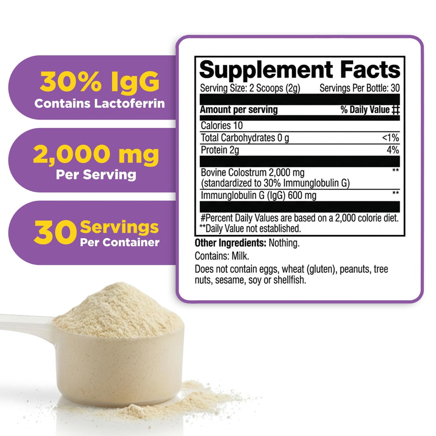 Bovine Colostrum Powder, 2000mg, 30% IgG, Unflavored, 30 Servings
